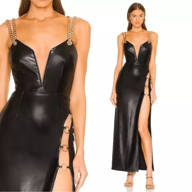 Michael Costello x REVOLVE Marla Maxi Dress Black Faux Leather Gold Chain Flaw