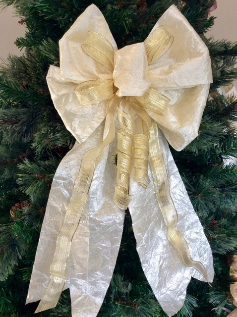 LARGE CHRISTMAS CREAM + GOLD TREE TOPPER BOW HANDMADE 28x56cm LUXURY RIBBON