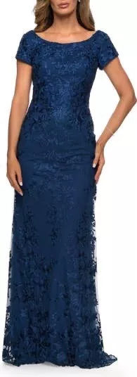 New LA FEMME Embroidered Lace A-Line Gown In Navy Size 16 $575