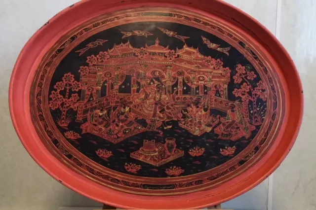 Antique Early 20th Century Burmese Lacquerware Large Red Oval Chai Tray