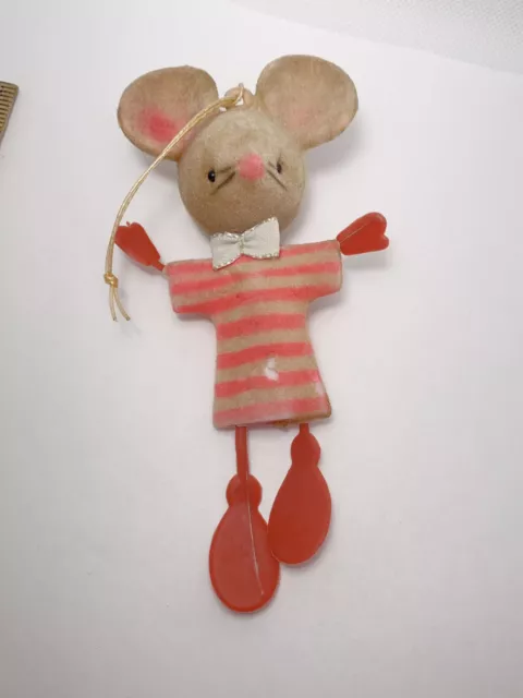 Vintage Fuzzy Flocked DELTA Mouse Plastic Arms Legs Christmas Ornament Hong Kong