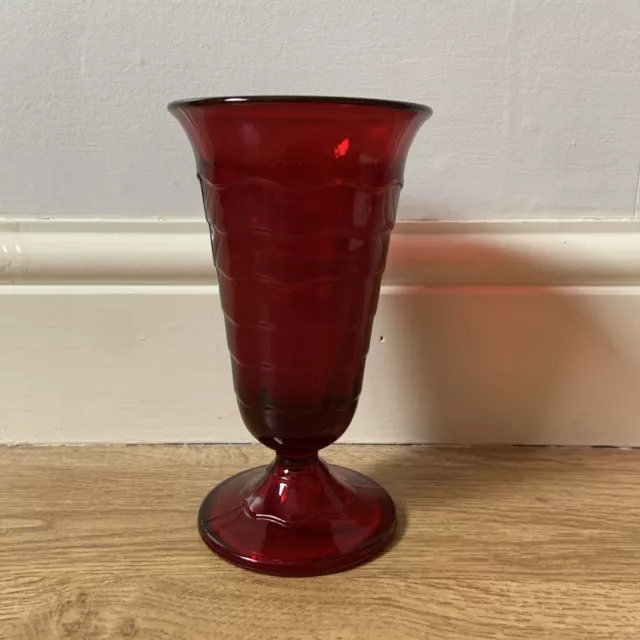 Vintage Davidson Ruby Red Glass Footed Goblet Vase With Wavy Ripple Design