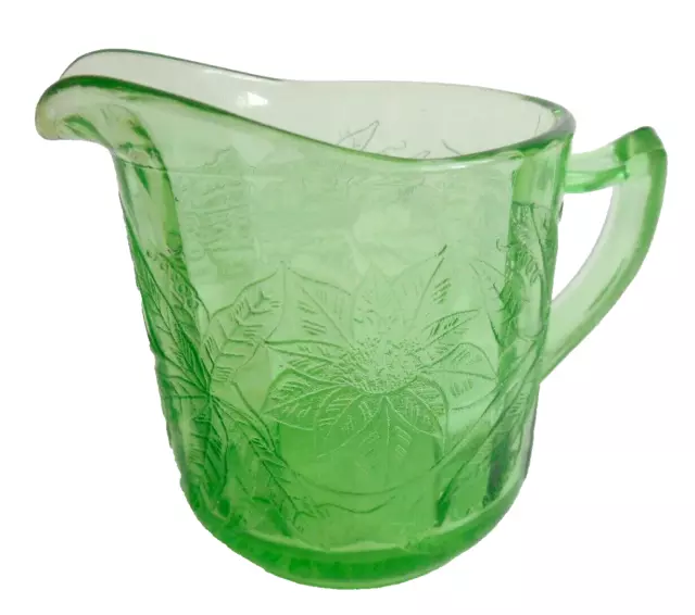 Vintage Jeanette Glass Co. Floral Poinsetta Green Depression Creamer Sm Pitcher