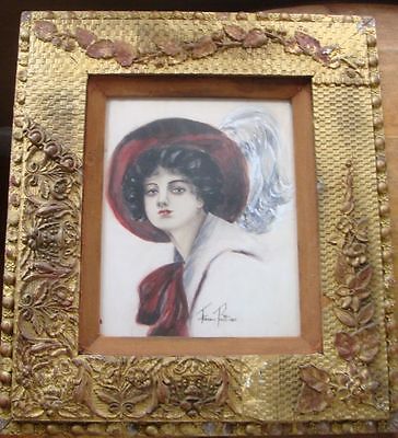 Antique Arts and Crafts Gesso Frame Lady w Large Feather Hat 1915 Florence Pratt