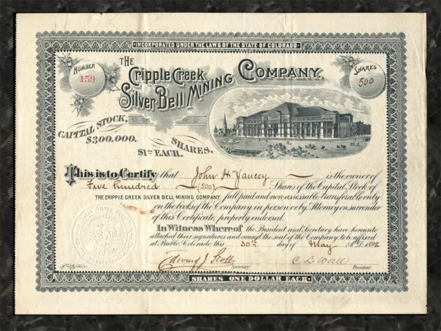 1892 CRIPPLE CREEK Silver Bell Mining Co. Stock ⛏ Mineral Palace Pueblo COLORADO