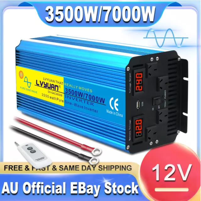 3500W 7000W Pure Sine Wave Power Inverter 12V DC to 240V AC Camping Car Boat USB