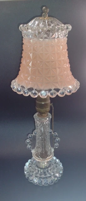 VINTAGE PINK GLASS ANTIQUE LAMP DIAMOND POINT CANDLEWICK LEVITON 14" Need Rewire