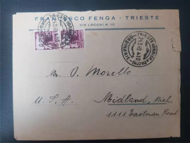 ITALY 1949 COVER to MICHIGAN USA from TRIESTE -AMG FT OVERPRINT STAMPS