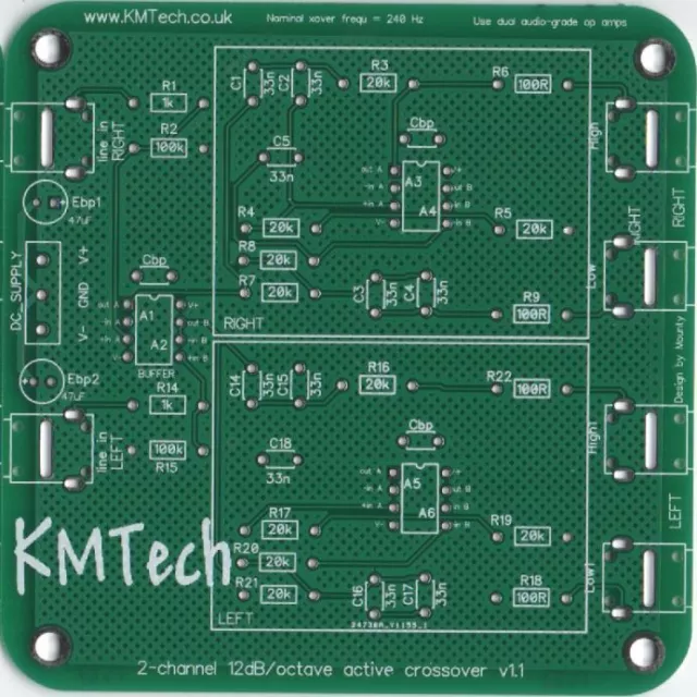 2 Channel 2 way 12dB/octave active crossover filter KMTech PCB only