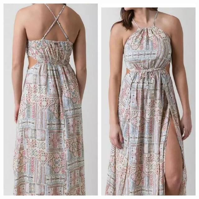 Billabong Love Trippin fly away halter Aztec print Boho maxi side cut outs L