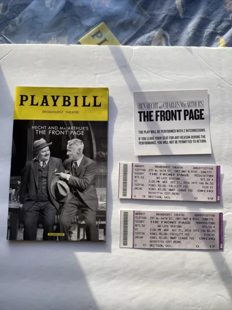 Playbill The Front Page Dec 2016 Nathan Lane & John Slattery on cover + 2 Stubs