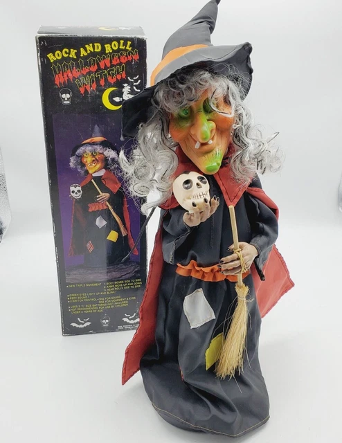 Vintage Rock and Roll Halloween Witch Skull Spooky Animated Lights Works Great