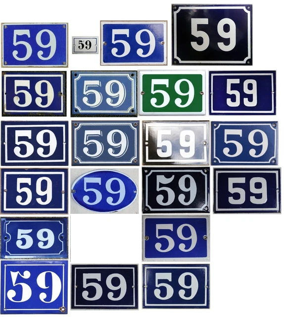 Old blue black French house number 59 door gate plate plaque enamel sign - pick