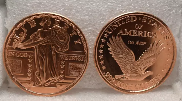 20 -1 oz .999 COPPER BULLION ROUND / COIN STANDING LIBERTY WITH EAGLE ON OBVERSE