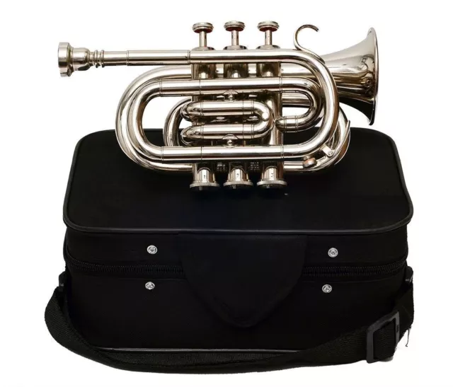 NEW chrome Bb FLAT POCKET TRUMPET FREE CASE+M/P 5 DAYS DELIVERY