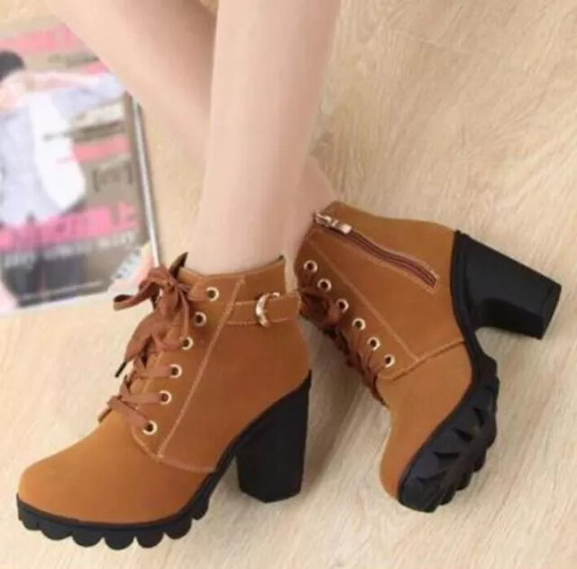 Womens Casual Chunky High Block Heel Boots Roune Toe Lace Up Platform Ankle Shoe