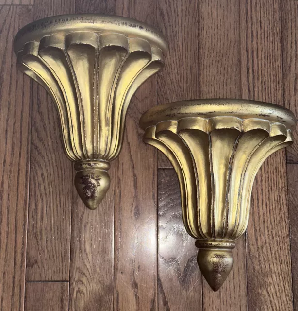 Vintage PAIR Italian Style Gold Gild Fluted Wall Brackets Shelves Corbels