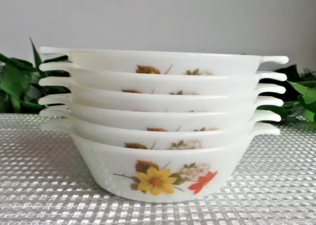Vintage Pyrex Autumn Gold Glory 7.5" Wide Eared Soup / Cereal Bowls X6