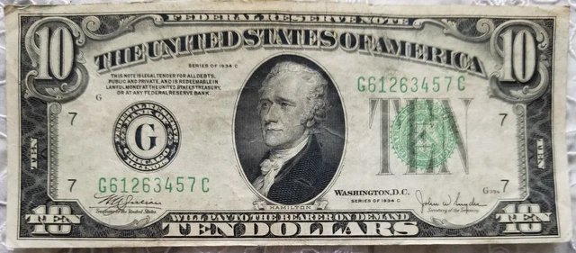 1934-C $10 Dollar Federal Reserve Note Green Seal "G" Chicago Bill
