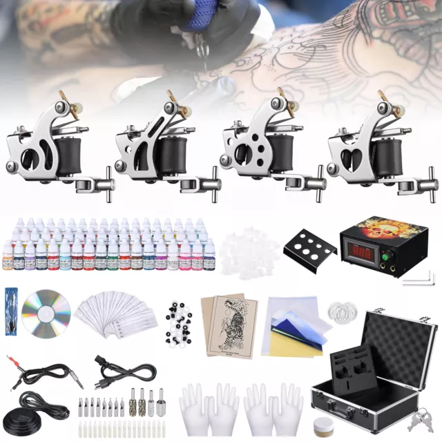 Complete Tattoo Kit 4 Machine Gun 40 54 Color Ink Power Supply Needle Grip Case