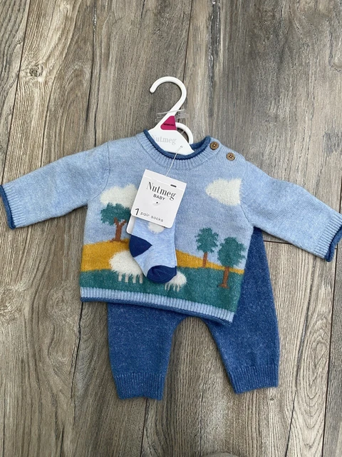 NEW Nutmeg Baby Boy Blue Lambs / Easter Top, Trouser & Sock Set Outfit  Newborn