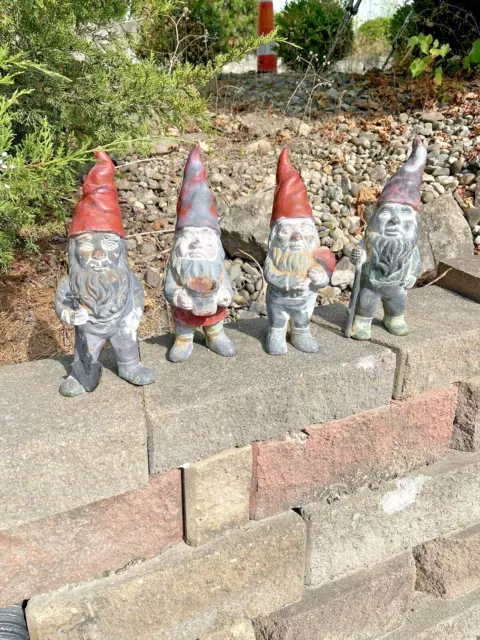 Vintage Cast Iron Garden Gnome Family of 4, Estate. Mushroom HEAVY 13"