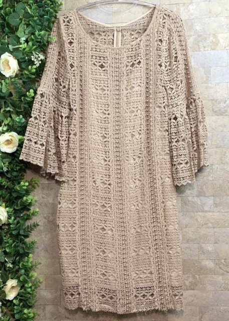 Tracy Reese New York Lace Bell Sleeve Beaded Boho Cocktail Dress Beige Size 6