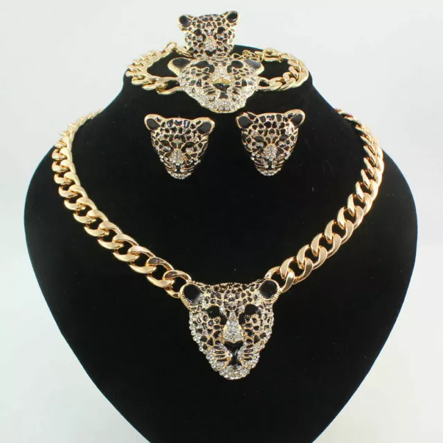 Fashion Gold Plated Crystal Black Enamel Leopard Necklace Earring Jewelry Set