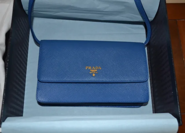 PRADA Saffiano Lux Azzurro Blue Leather Wallet Purse with Crossbody Strap BT1019