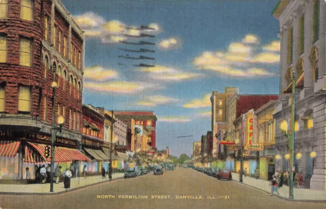North Vermilion Street Danville Illinois IL Old Cars Linen 1946 Postcard