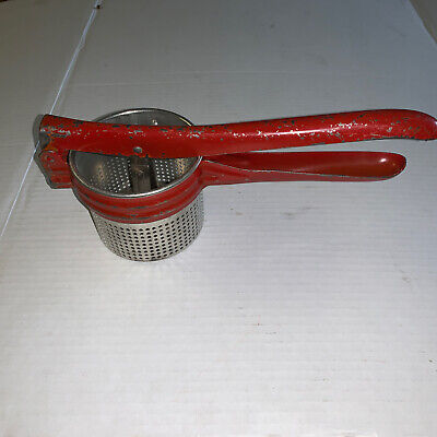 Vintage 1950's Metal Potato Ricer With Red Handle & Frame Masher Strainer
