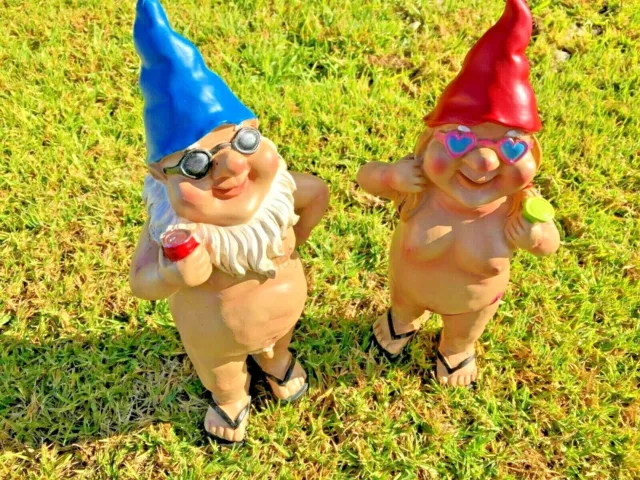 2x 29cm Nudist Garden Gnome Naughty Naked Body Standing Drinking Ornament Statue