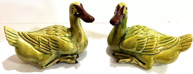 Pair of 2 Vintage Asian Chinese Celadon Green Porcelain Peking Ducks Figurines