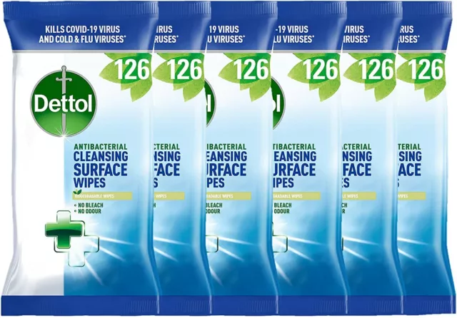 Dettol Bio Antibacterial Large Surface Cleaning 126 Wipes x 6 - Total 756 Wipes