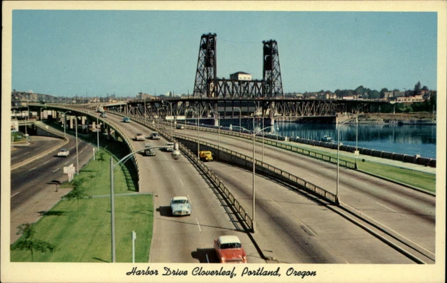Portland Oregon Harbor Drive Cloverleaf aerial view 1950s cars unused postcard