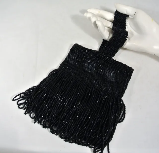 Antique Vtg Black Beaded Purse Victorian Evening Bag Fringe Lined Flapper Deco