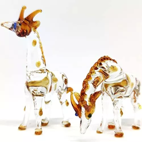2 Giraffes Miniature Figurines Animals Hand Blown Glass Art Collectible Gift Dec