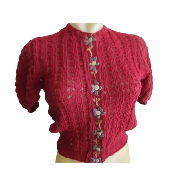 Vintage 1940's Womens Small Cardigan Sweater Cropped Granny Wool Hand Knit