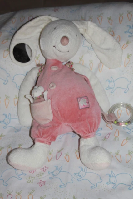 DOUDOU MOULIN ROTY MYRTILLE ET CAPUCINE LAPIN d'activité ROSE BLANC  TBE