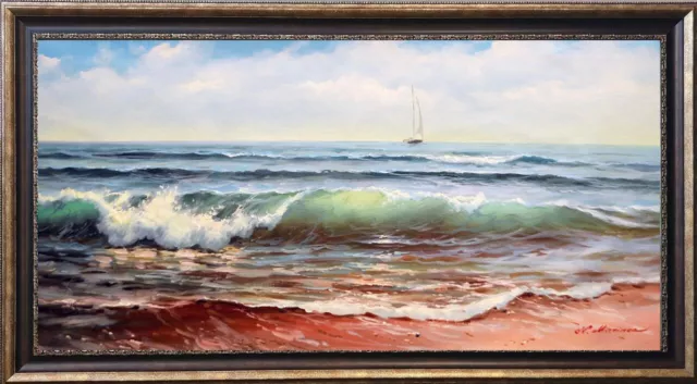Extra Large Seascape "Yacht In Daylight Sea" Listed Artist Oil Painting Canvas