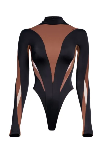 NEW Mugler x H&M Mesh-Paneled Bodysuit Brown/Black L SOLD OUT RARE