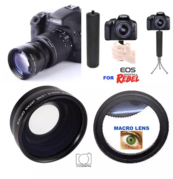 Wide Angle Lens + 10X Macro Lens + Stable Grip +Tripod For Canon Eos Rebel T5 T6