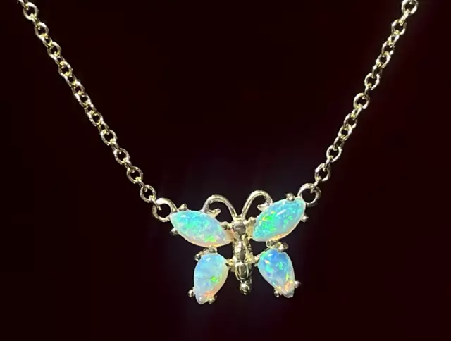 Vintage Estate 14K Gold Natural Opal  Butterfly Pendant Necklace Signed F Italy