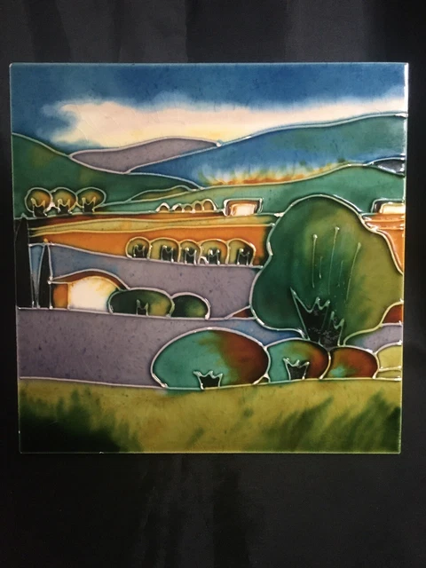 Vintage ceramic art glass tile Countryside Landscape Scene 8x8”