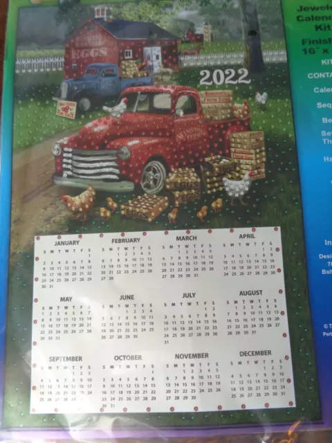 Design Works 2022 Felt Jeweled Calendar Kit Egg Barn Chickens Trucks 16" X 24"