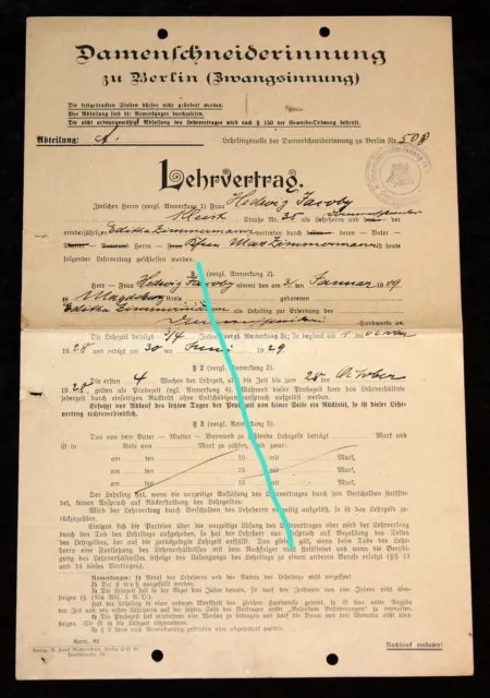 Lehrvertrag ,von 1928 ,Damenschneiderinnung zu Berlin