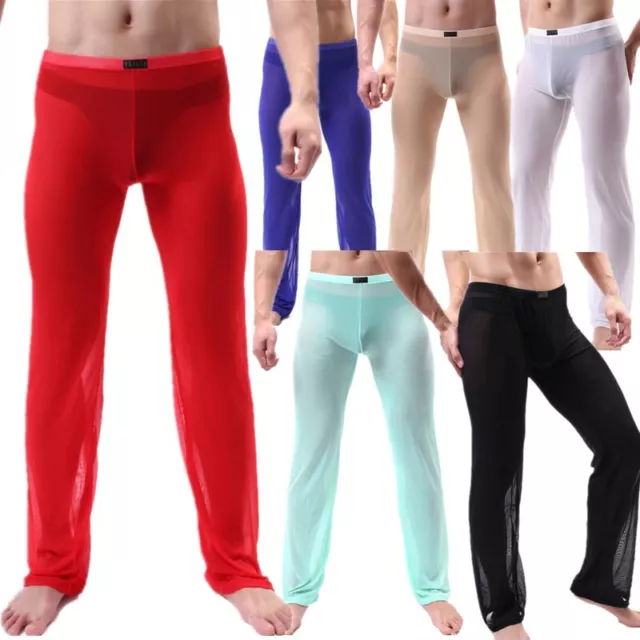 MENS MESH SEE Through Long Pants Solid Color Pajama Bottoms Trousers ...