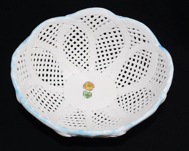 Large Hand Made Berardos Woven Ceramic Basket Pottery Portugal White Blue Flower