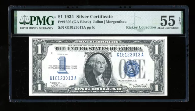 DBR 1934 $1 Silver Funnyback Fr. 1606 GA Block PMG 55 EPQ Serial G16123013A
