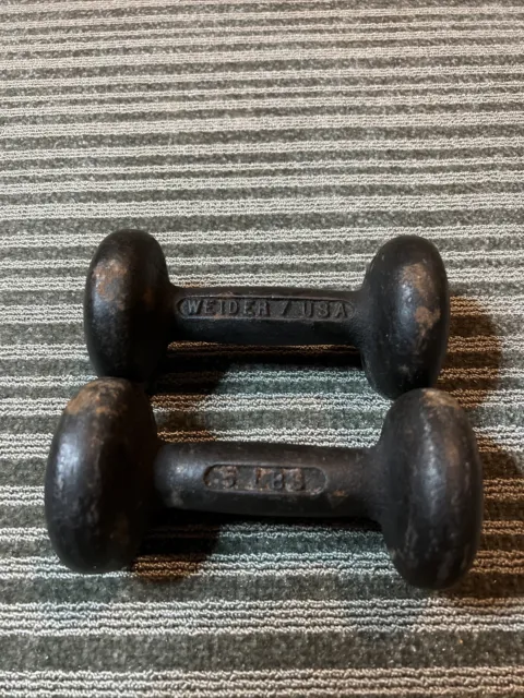 Pair of 2 Vintage 5 LB Weider Bun Style Cast Iron Dumbbells USA Made